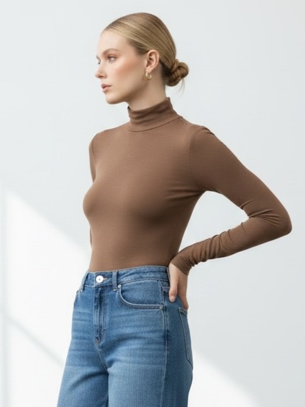 976 • Brown Microfiber Butter Soft Stretch Mock Neck Long Sleeve Top